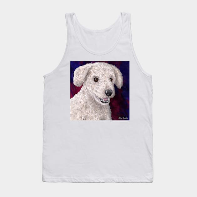 Painting of a Cute Fluffy White Maltipoo Smiling on Red and Purple Background Tank Top by ibadishi